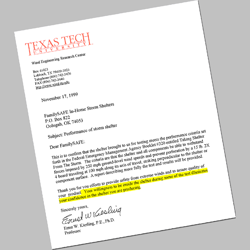 Certificate from Texas Tech University for our storm shelter company