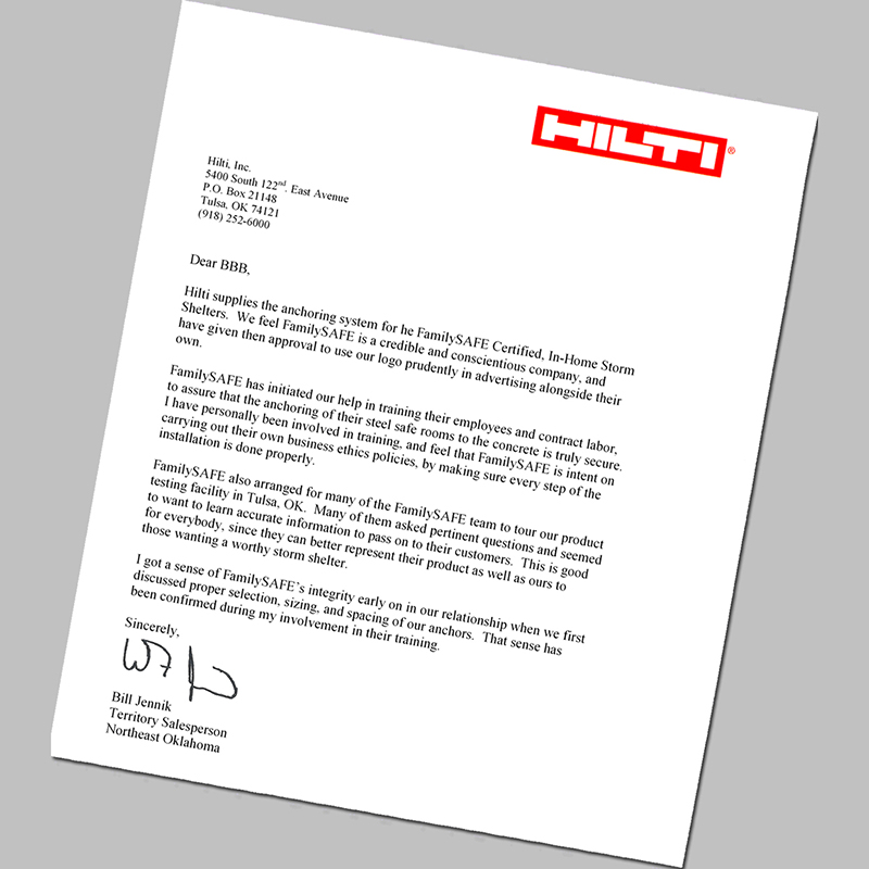 A certificate from HILTI for our tornado shelter company